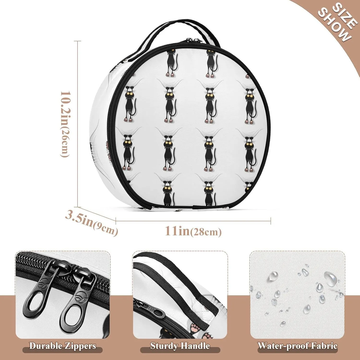 Funny Black Cat Cartoon Scratching Curtains on White Women's Portable Round Makeup Bag with Handle, Cosmetic Bag, Adjustable Dividers, Travel Cosmetic Storage 11 x 3.5 x 10 inch