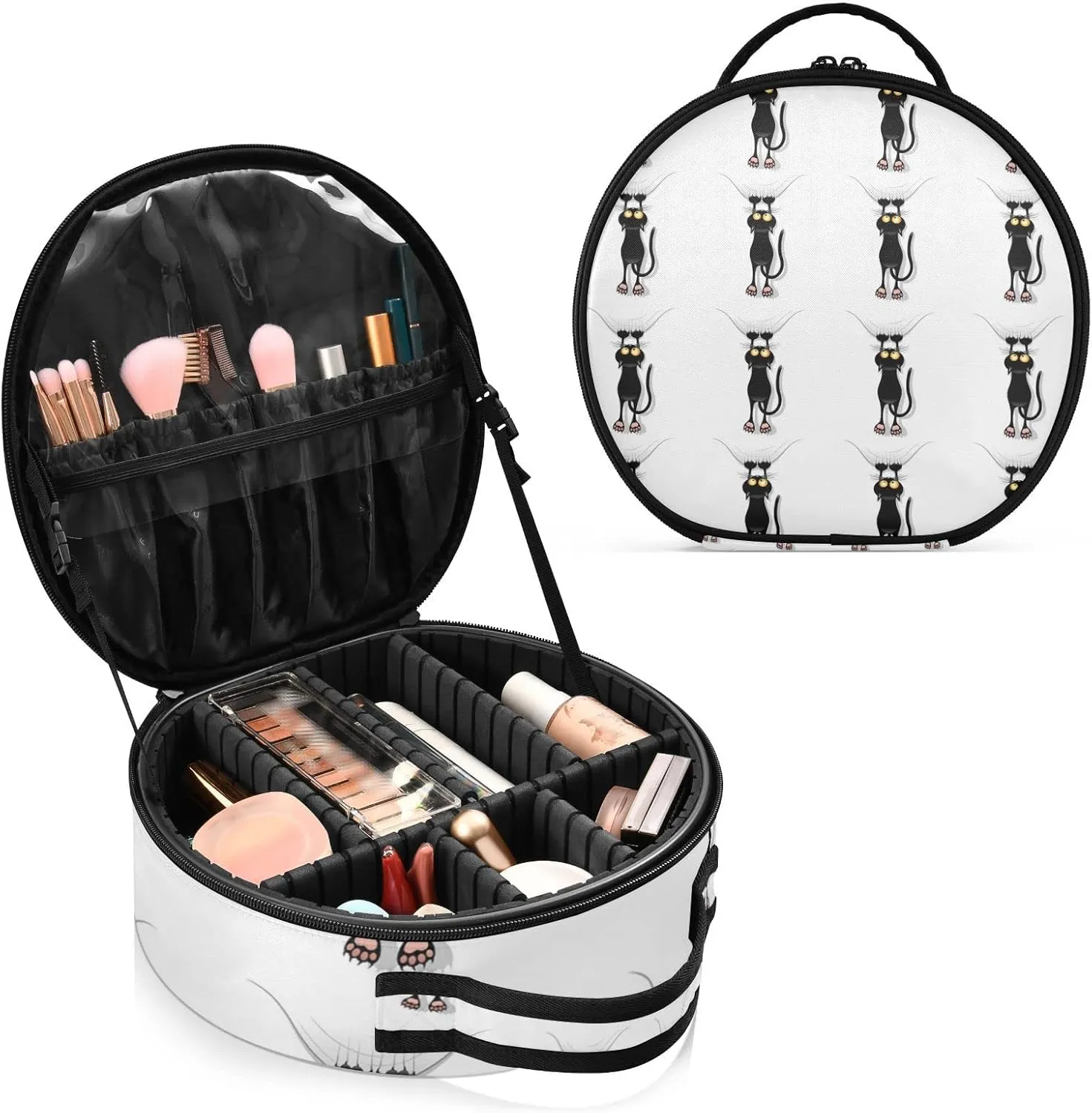 Funny Black Cat Cartoon Scratching Curtains on White Women's Portable Round Makeup Bag with Handle, Cosmetic Bag, Adjustable Dividers, Travel Cosmetic Storage 11 x 3.5 x 10 inch