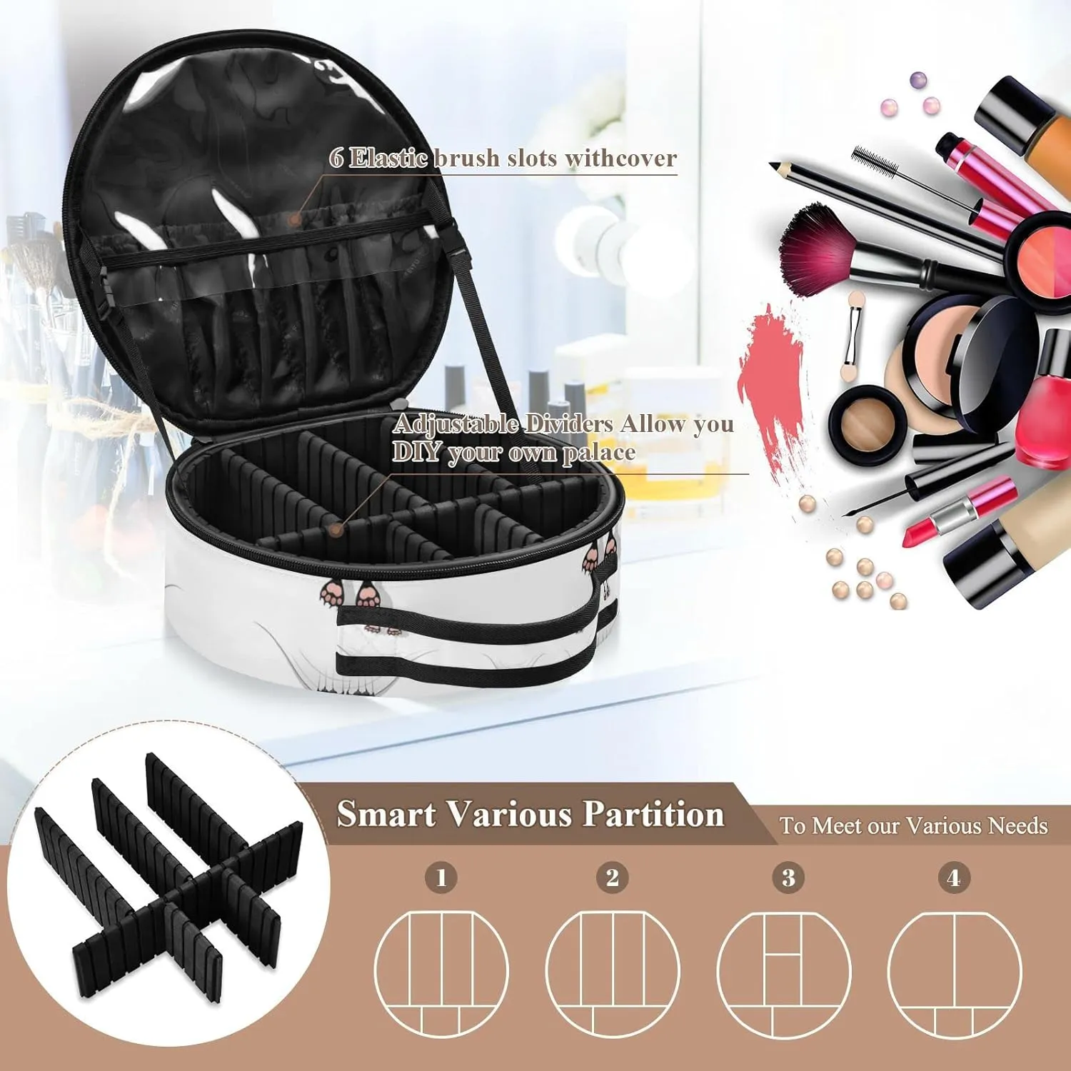 Funny Black Cat Cartoon Scratching Curtains on White Women's Portable Round Makeup Bag with Handle, Cosmetic Bag, Adjustable Dividers, Travel Cosmetic Storage 11 x 3.5 x 10 inch