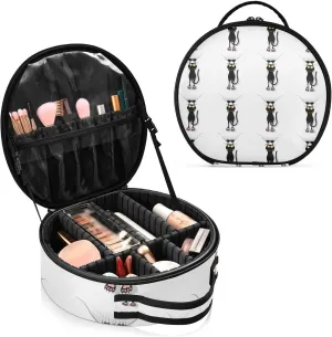 Funny Black Cat Cartoon Scratching Curtains on White Women's Portable Round Makeup Bag with Handle, Cosmetic Bag, Adjustable Dividers, Travel Cosmetic Storage 11 x 3.5 x 10 inch