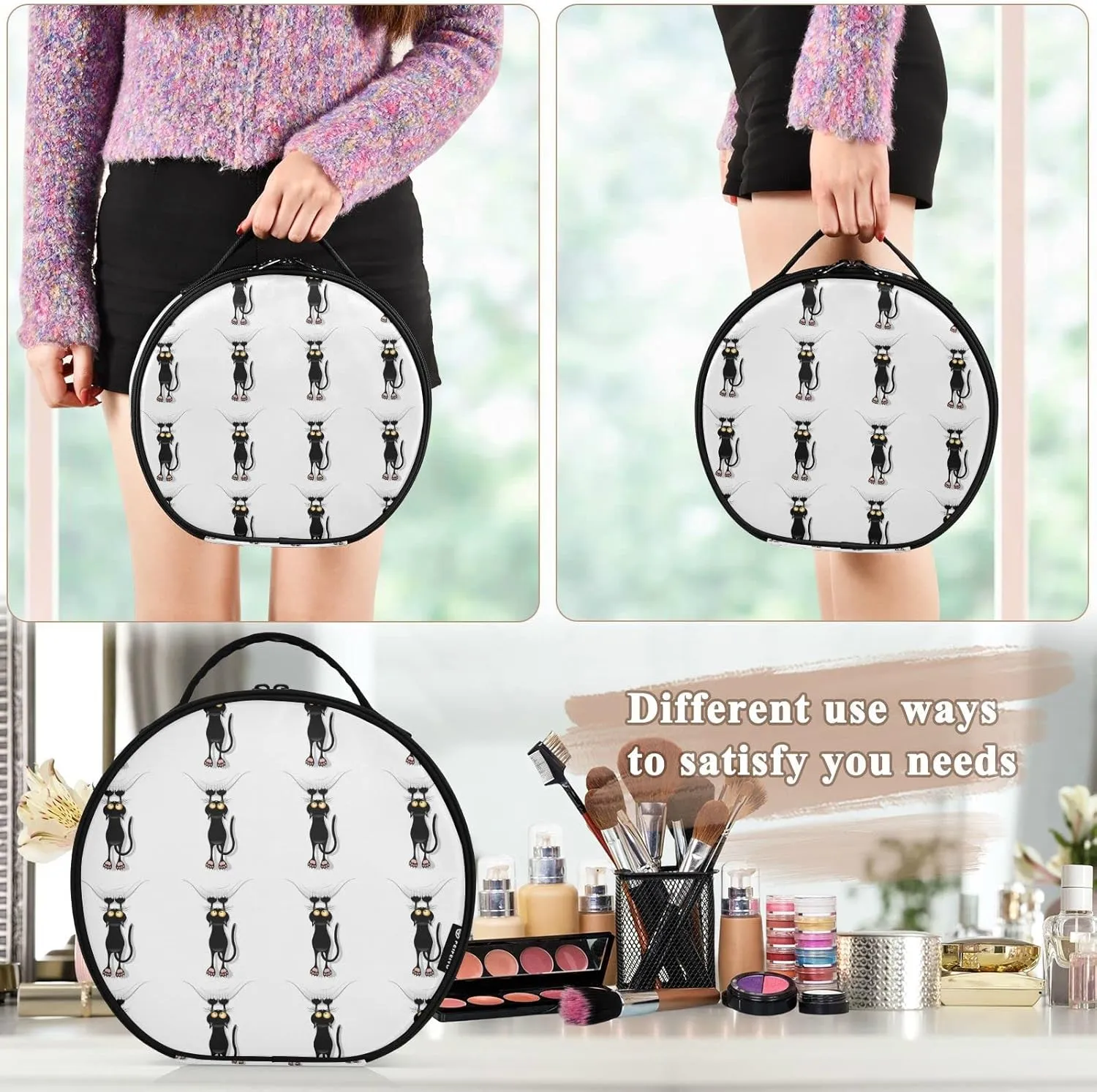 Funny Black Cat Cartoon Scratching Curtains on White Women's Portable Round Makeup Bag with Handle, Cosmetic Bag, Adjustable Dividers, Travel Cosmetic Storage 11 x 3.5 x 10 inch