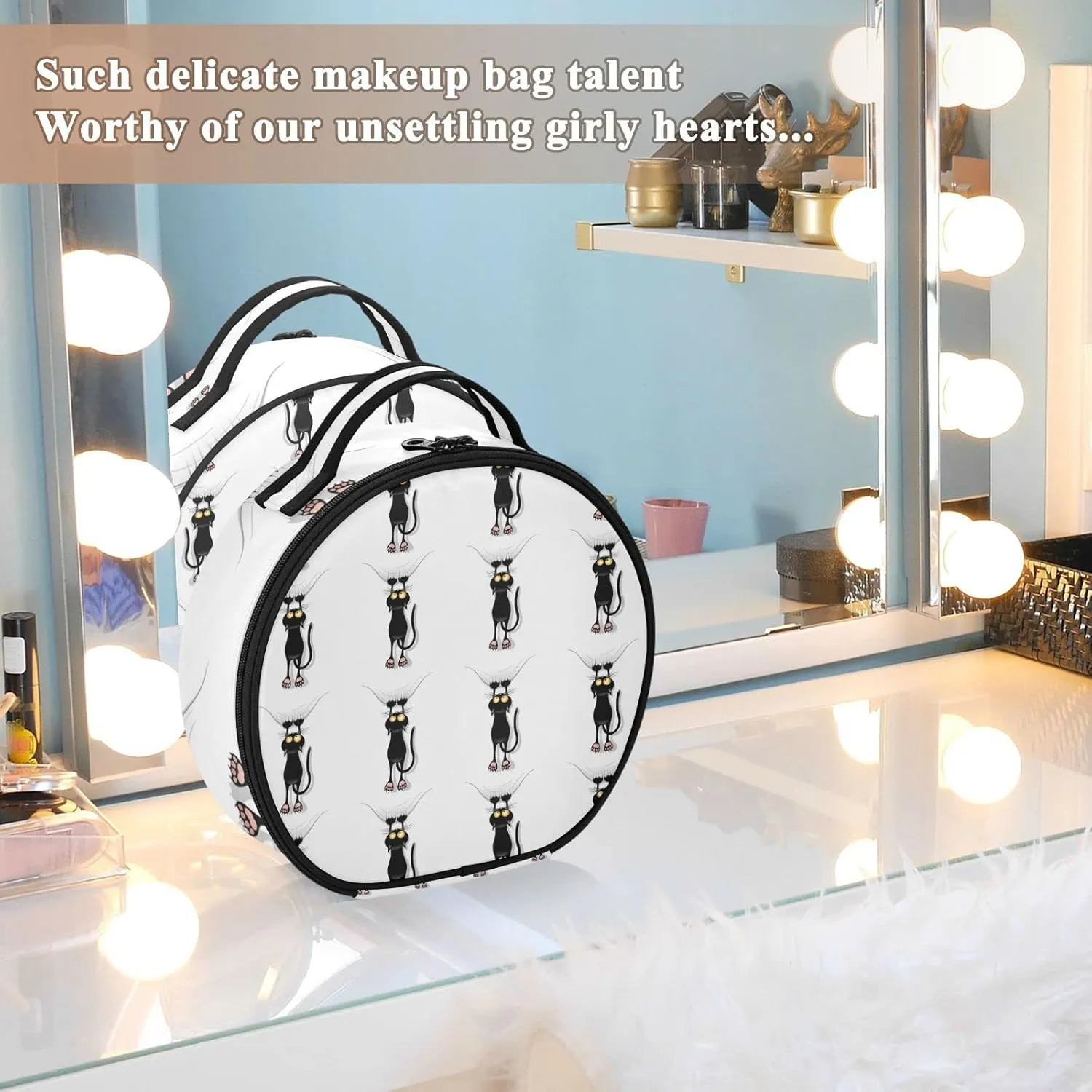 Funny Black Cat Cartoon Scratching Curtains on White Women's Portable Round Makeup Bag with Handle, Cosmetic Bag, Adjustable Dividers, Travel Cosmetic Storage 11 x 3.5 x 10 inch