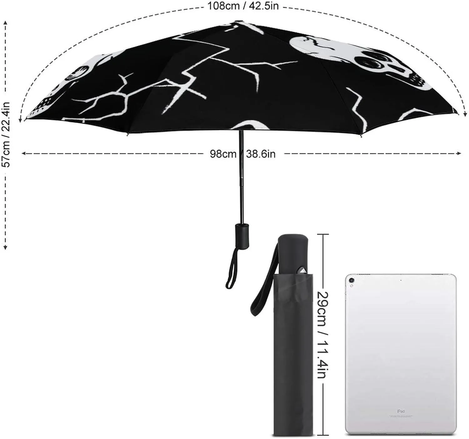 Funny Cartoons Skull Compact Travel Umbrella, Windproof Waterproof Stick Umbrella Protection Umbrellas