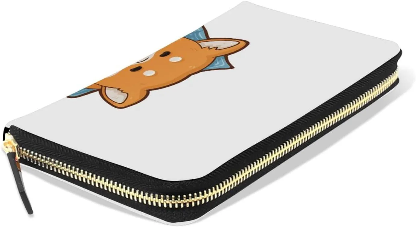 Funny Orange Shiba Inu Dogs in Different Poses on White Leather Long Wallet Organizer with Zipper Purse Clutch Bag for Women Men Key Card Coin Passport Checkbook 8 x 4 inch