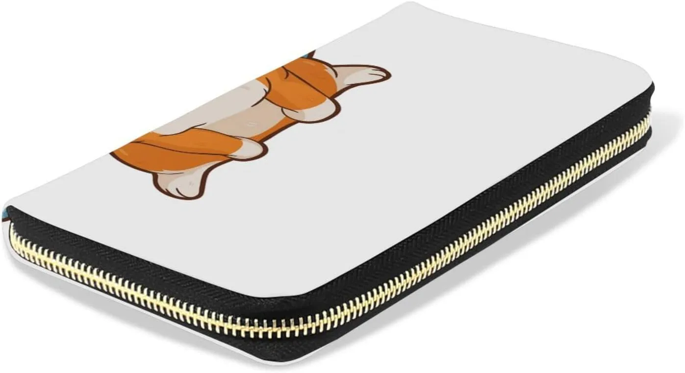 Funny Orange Shiba Inu Dogs in Different Poses on White Leather Long Wallet Organizer with Zipper Purse Clutch Bag for Women Men Key Card Coin Passport Checkbook 8 x 4 inch