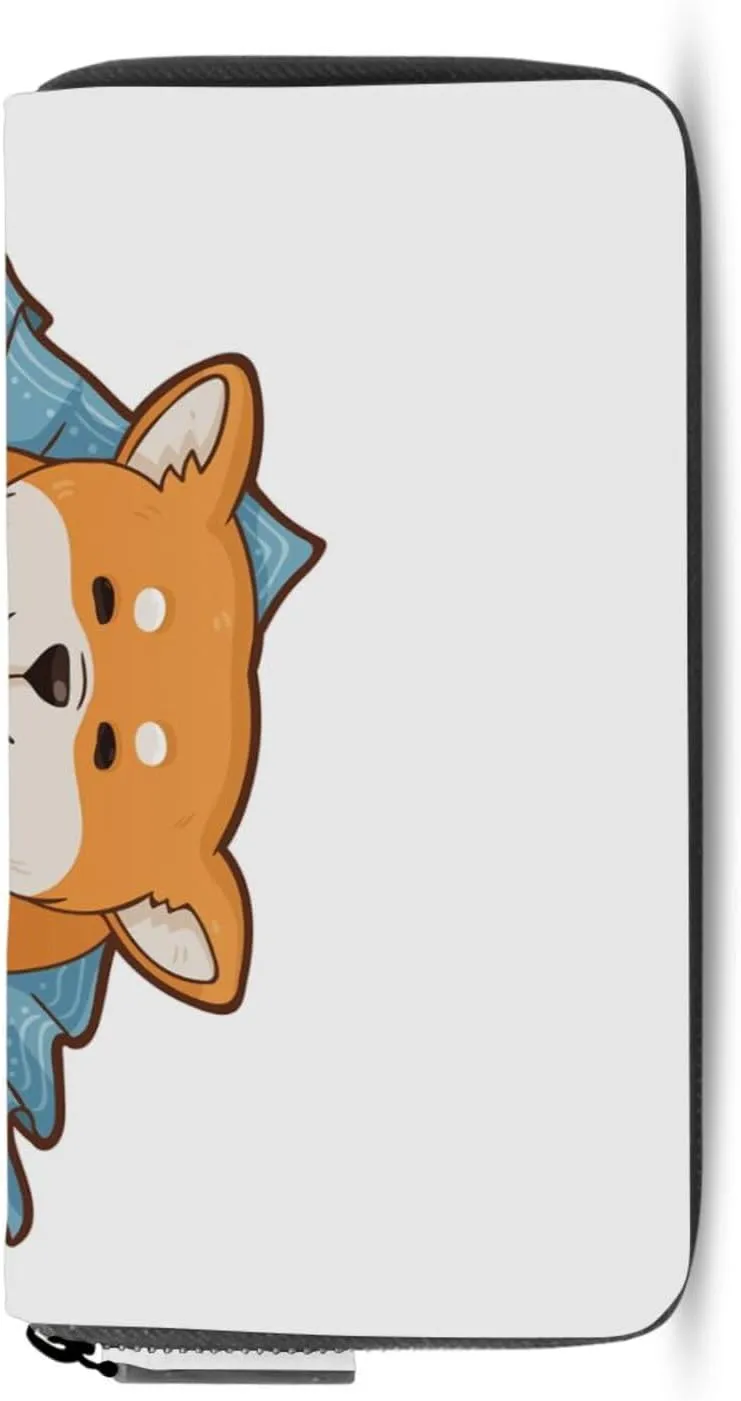 Funny Orange Shiba Inu Dogs in Different Poses on White Leather Long Wallet Organizer with Zipper Purse Clutch Bag for Women Men Key Card Coin Passport Checkbook 8 x 4 inch