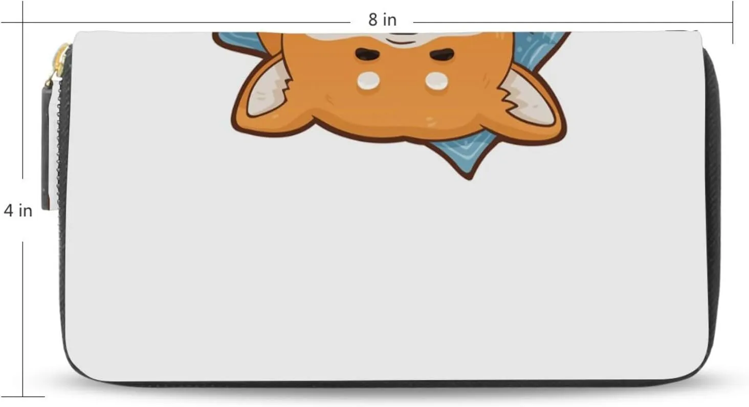 Funny Orange Shiba Inu Dogs in Different Poses on White Leather Long Wallet Organizer with Zipper Purse Clutch Bag for Women Men Key Card Coin Passport Checkbook 8 x 4 inch
