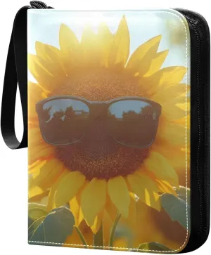 Funny Sunflower in Sunglasses Card Binder 4 Pocket Trading Card Album Fits 400 Sports/Game Cards, PU Cover 3 Ring Card Collection with 50 Removable Sleeves