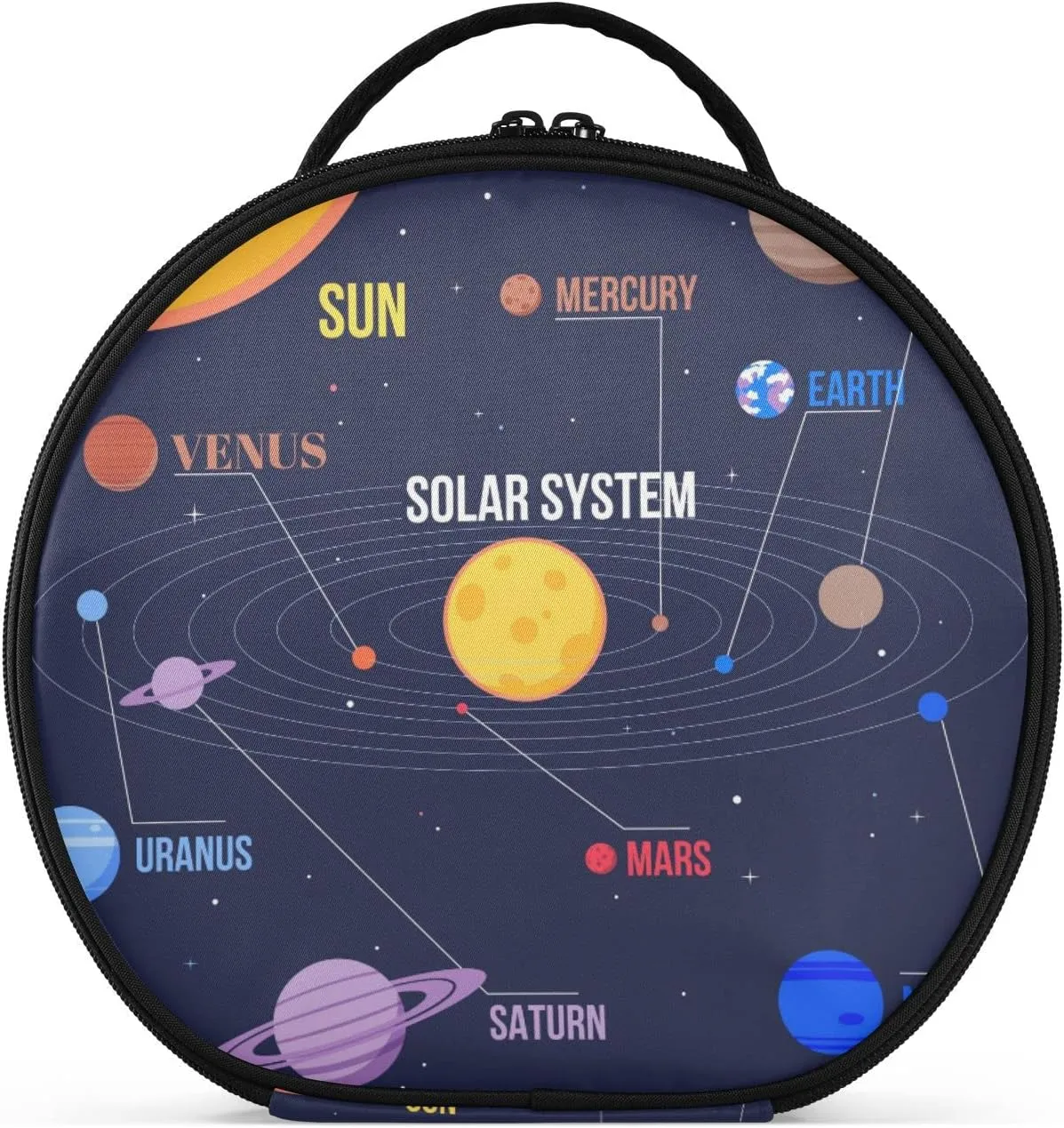 Galaxy Space Seamless Colorful Planets Stars Comets on Black Women's Portable Round Makeup Bag with Handle, Cosmetic Bag, Adjustable Dividers, Travel Cosmetic Storage 11 x 3.5 x 10 inch