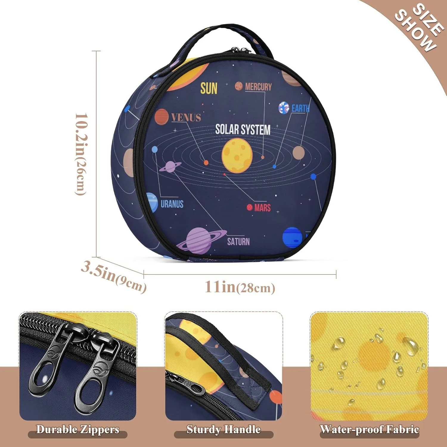Galaxy Space Seamless Colorful Planets Stars Comets on Black Women's Portable Round Makeup Bag with Handle, Cosmetic Bag, Adjustable Dividers, Travel Cosmetic Storage 11 x 3.5 x 10 inch