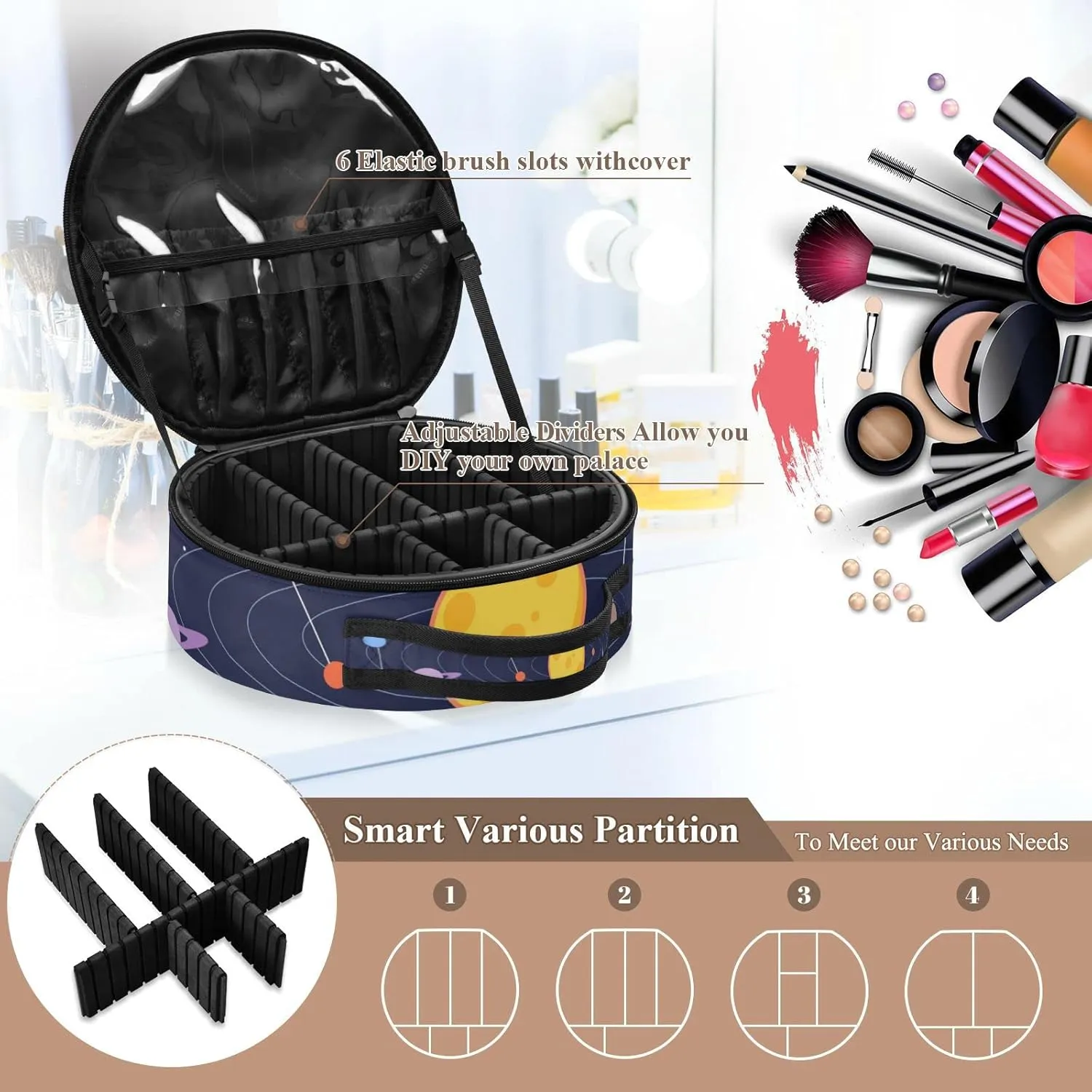 Galaxy Space Seamless Colorful Planets Stars Comets on Black Women's Portable Round Makeup Bag with Handle, Cosmetic Bag, Adjustable Dividers, Travel Cosmetic Storage 11 x 3.5 x 10 inch