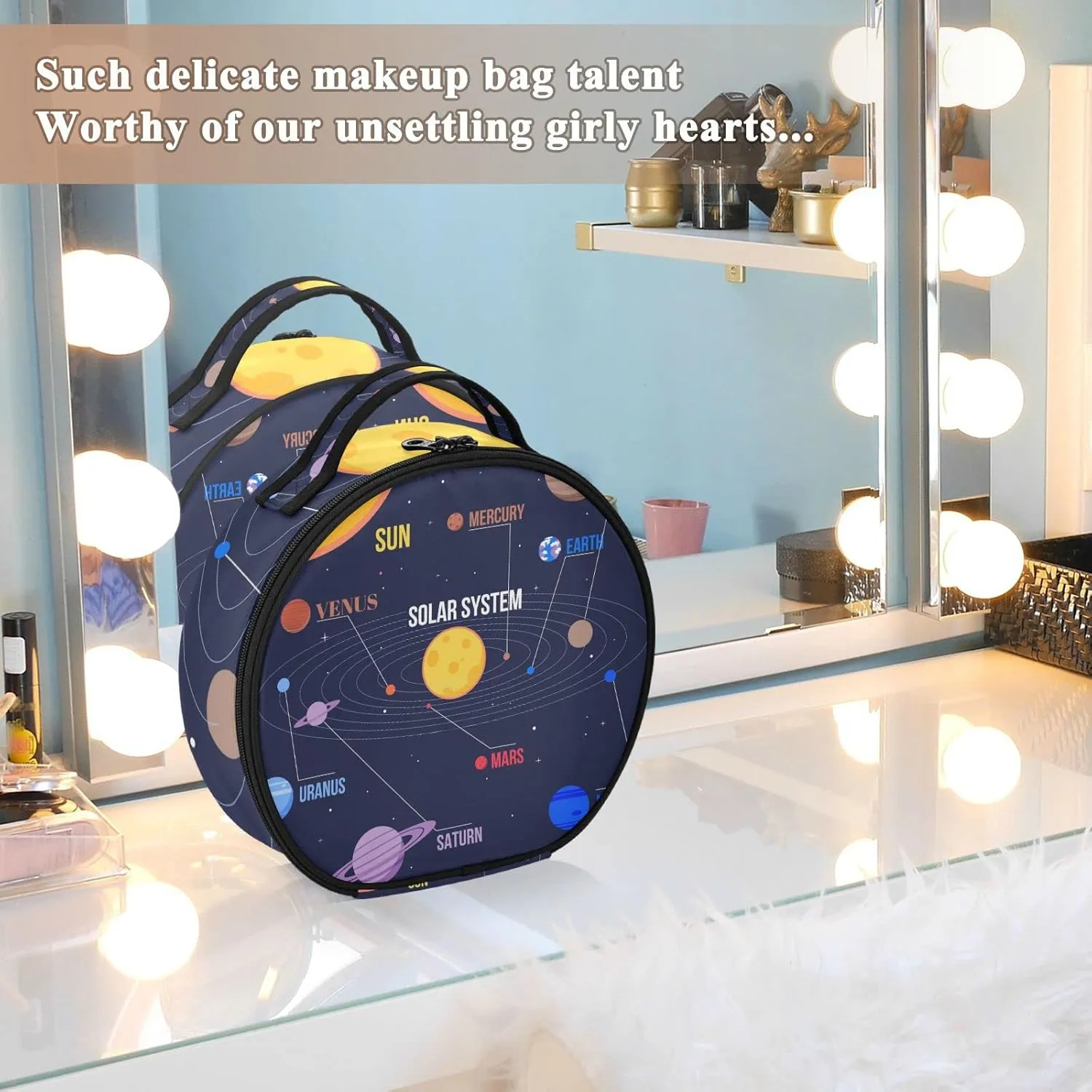 Galaxy Space Seamless Colorful Planets Stars Comets on Black Women's Portable Round Makeup Bag with Handle, Cosmetic Bag, Adjustable Dividers, Travel Cosmetic Storage 11 x 3.5 x 10 inch