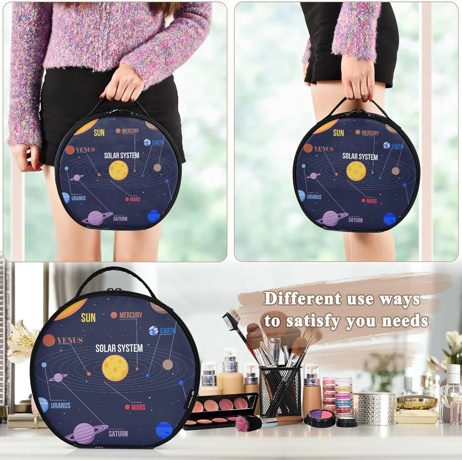 Galaxy Space Seamless Colorful Planets Stars Comets on Black Women's Portable Round Makeup Bag with Handle, Cosmetic Bag, Adjustable Dividers, Travel Cosmetic Storage 11 x 3.5 x 10 inch