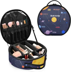 Galaxy Space Seamless Colorful Planets Stars Comets on Black Women's Portable Round Makeup Bag with Handle, Cosmetic Bag, Adjustable Dividers, Travel Cosmetic Storage 11 x 3.5 x 10 inch