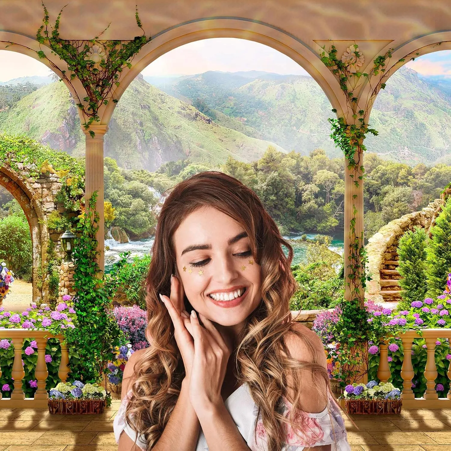 Garden Balcony View Waterfall Backdrop Romantic Arches Mountain Sea Landscape Photography Background Garden Flowers Style Terrace View Backdrop Wall Mural Wedding Birthday Background Props 20x10ft
