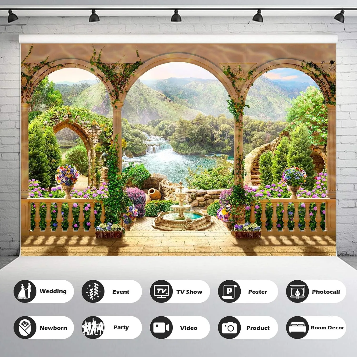Garden Balcony View Waterfall Backdrop Romantic Arches Mountain Sea Landscape Photography Background Garden Flowers Style Terrace View Backdrop Wall Mural Wedding Birthday Background Props 20x10ft