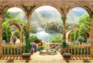 Garden Balcony View Waterfall Backdrop Romantic Arches Mountain Sea Landscape Photography Background Garden Flowers Style Terrace View Backdrop Wall Mural Wedding Birthday Background Props 20x10ft