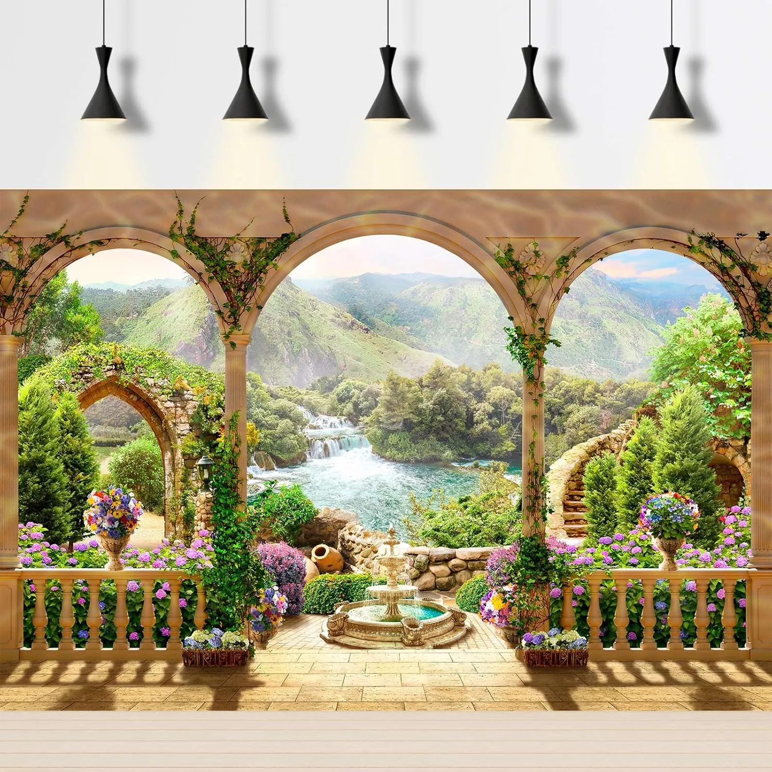 Garden Balcony View Waterfall Backdrop Romantic Arches Mountain Sea Landscape Photography Background Garden Flowers Style Terrace View Backdrop Wall Mural Wedding Birthday Background Props 20x10ft