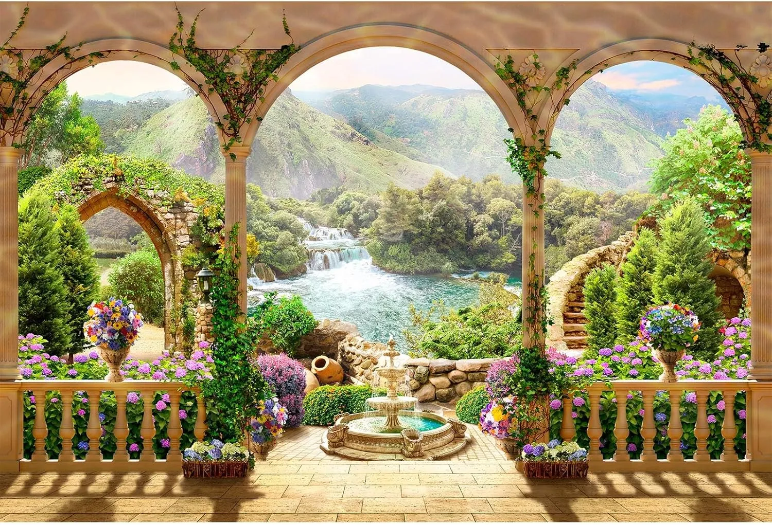 Garden Balcony View Waterfall Backdrop Romantic Arches Mountain Sea Landscape Photography Background Garden Flowers Style Terrace View Backdrop Wall Mural Wedding Birthday Background Props 20x10ft