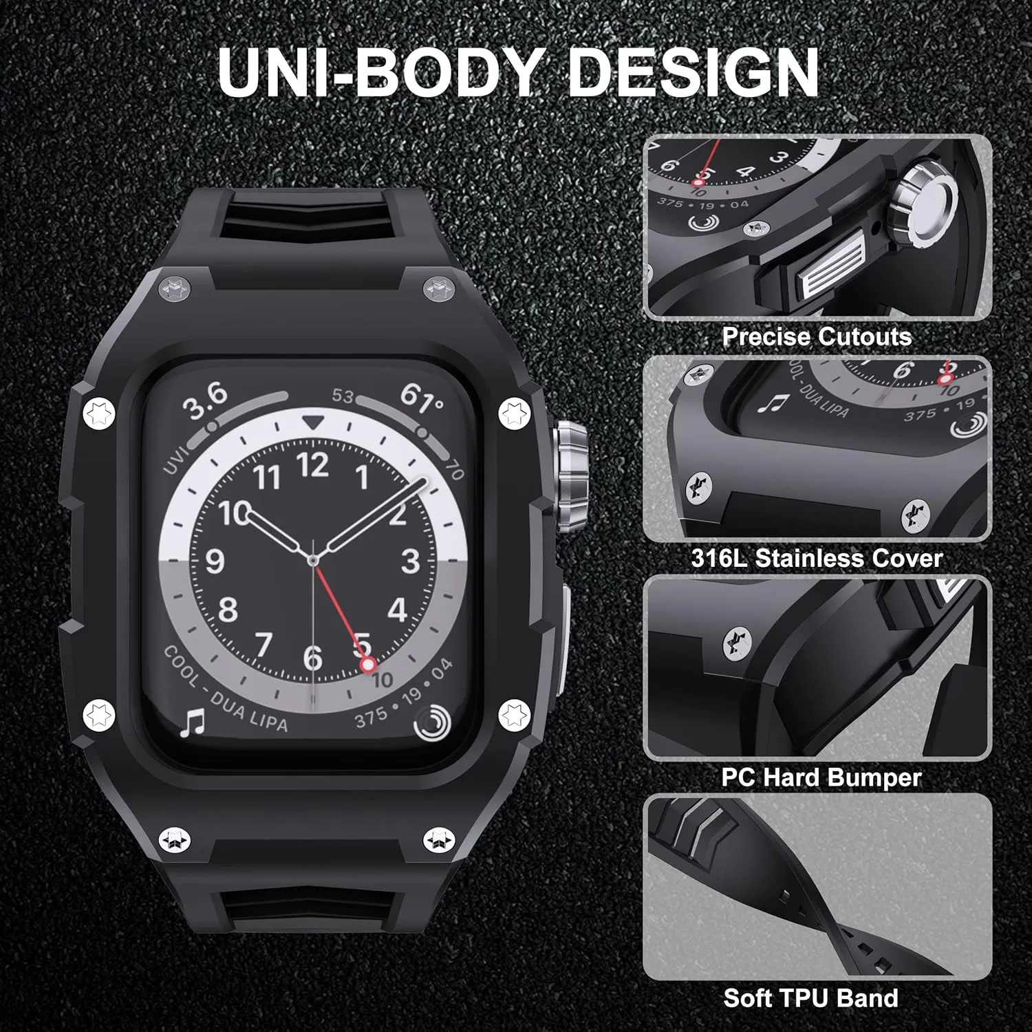 GELISHI Band Compatible with Apple Watch Band 45mm Series 9/Series 8 7, Men Rugged Case Bumper Heavy Duty Stainless Metal Cover with TPU Sport Band Strap Shockproof, Black