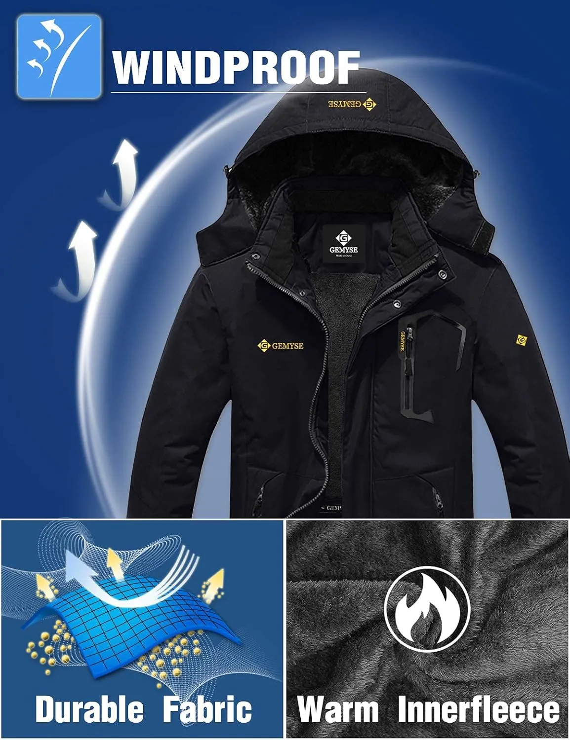 GEMYSE Men's Mountain Waterproof Ski Snow Jacket Winter Windproof Rain Jacket