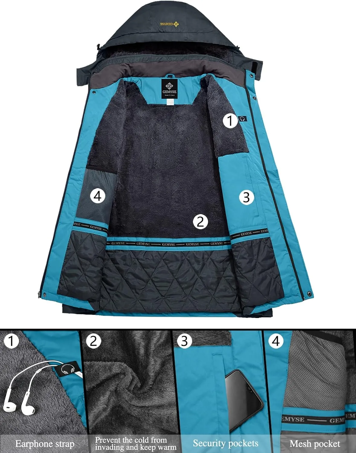 GEMYSE Women's Ski Snow Jacket Warm Winter Waterproof Coat Snowboard Rain Jacket Hooded Windproof Windbreaker