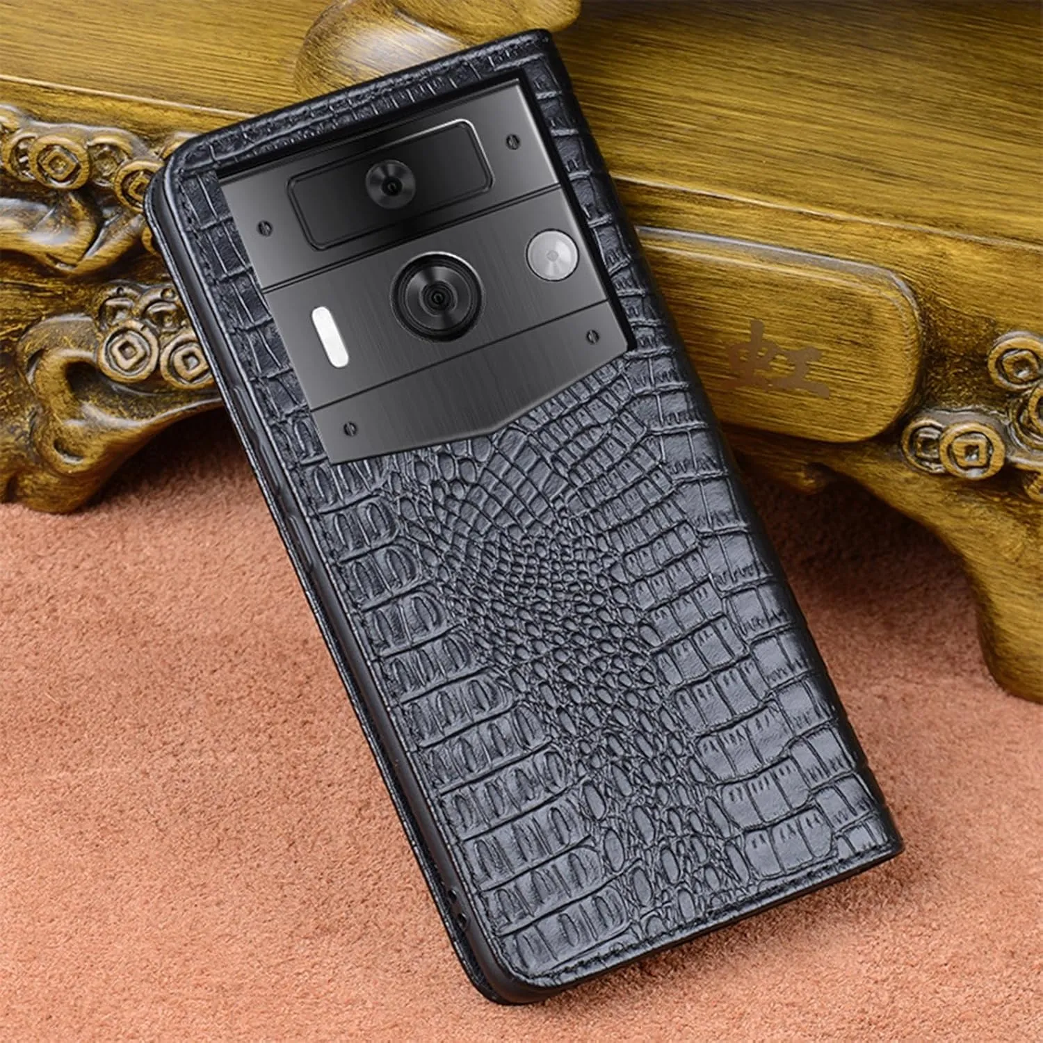 Genuine Leather Case for Vertu METAVERTU2, Flip Business Cover with Crocodile Pattern Design Shockproof Protection Luxury Case,Black,METAVERTU2