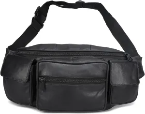 Genuine Leather Jumbo Fanny Pack pouch with side valcro Pockets for men women, Black