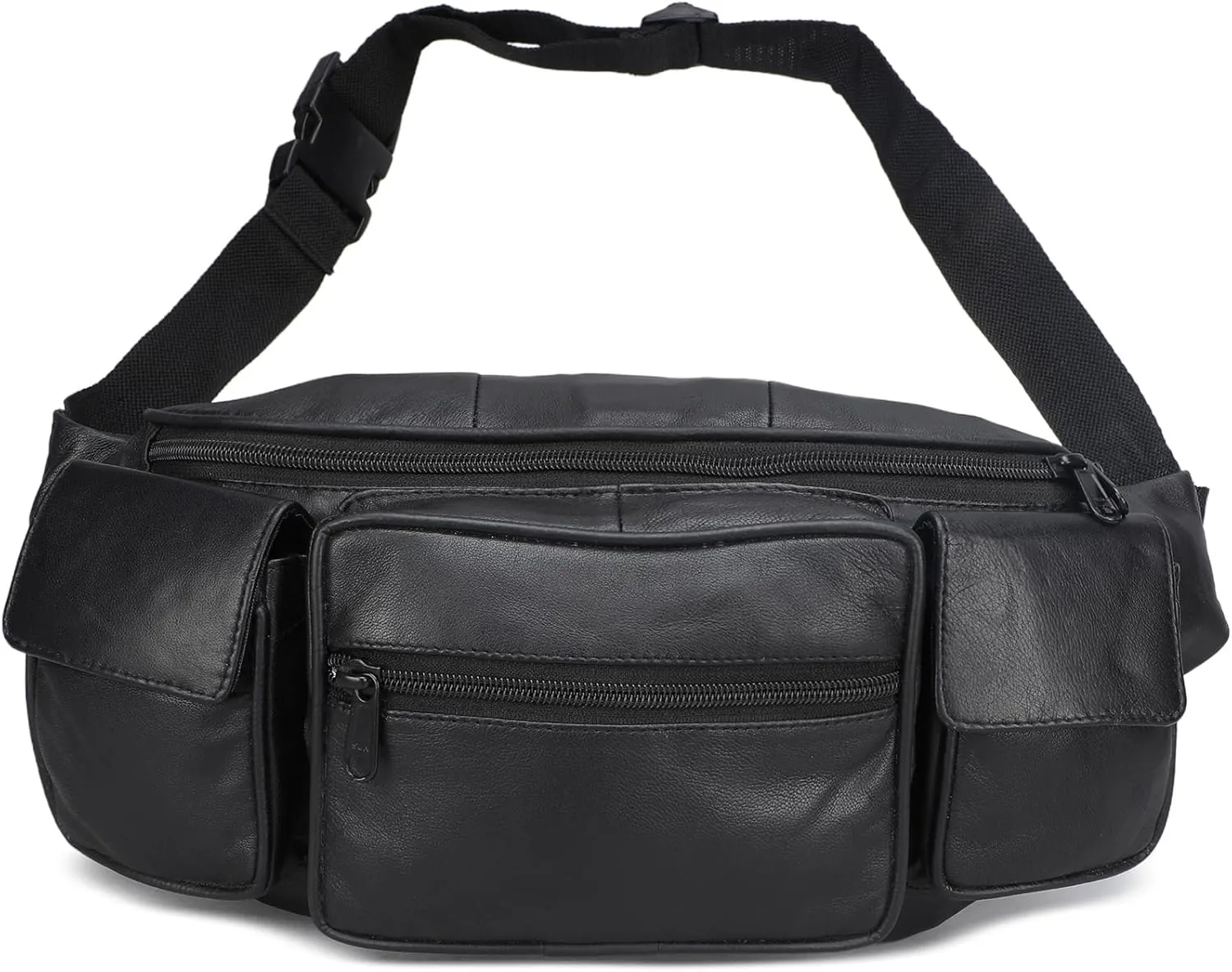Genuine Leather Jumbo Fanny Pack pouch with side valcro Pockets for men women, Black