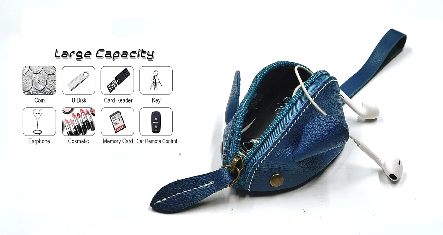 Genuine Leather Mouse Coin Purse Wallet, Womens Change Purse with Zipper, Cute Soft Leather Coin Pouch Mini Size (Blue)