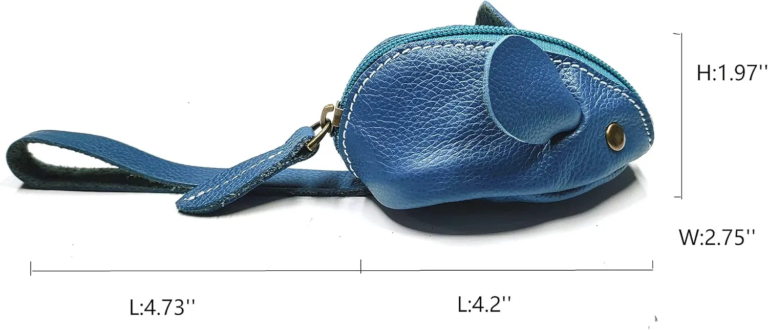 Genuine Leather Mouse Coin Purse Wallet, Womens Change Purse with Zipper, Cute Soft Leather Coin Pouch Mini Size (Blue)