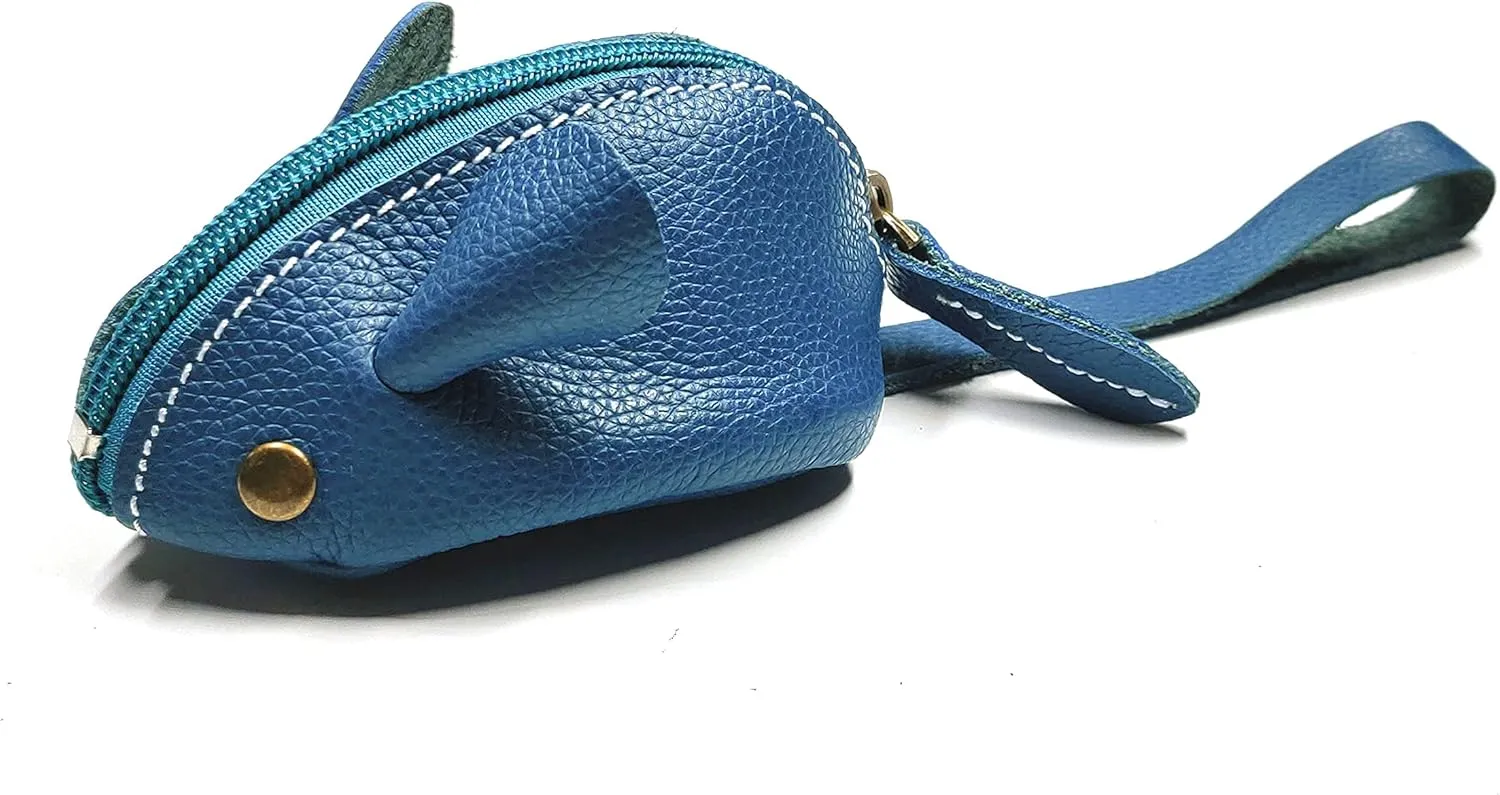 Genuine Leather Mouse Coin Purse Wallet, Womens Change Purse with Zipper, Cute Soft Leather Coin Pouch Mini Size (Blue)