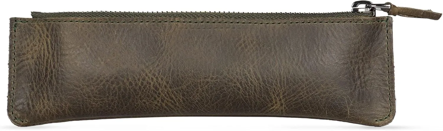 Genuine Leather Pen Case with Zipper Closure, Pencil Pouch Stationery Bag