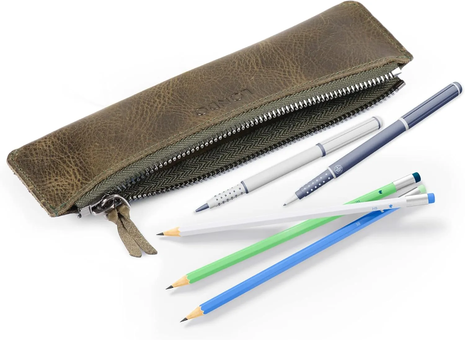 Genuine Leather Pen Case with Zipper Closure, Pencil Pouch Stationery Bag