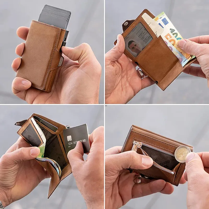 Genuine Leather RFID Wallet with Pop-Up Card Case