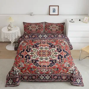 Geometric Boho Comforter Set Full Bohemian Exotic Bedding Set Red Blue Lattice Tribal Down Comforter Retro Indian Floral Bedroom Decor Vintage Flower Duvet Insert for Women Adults Men