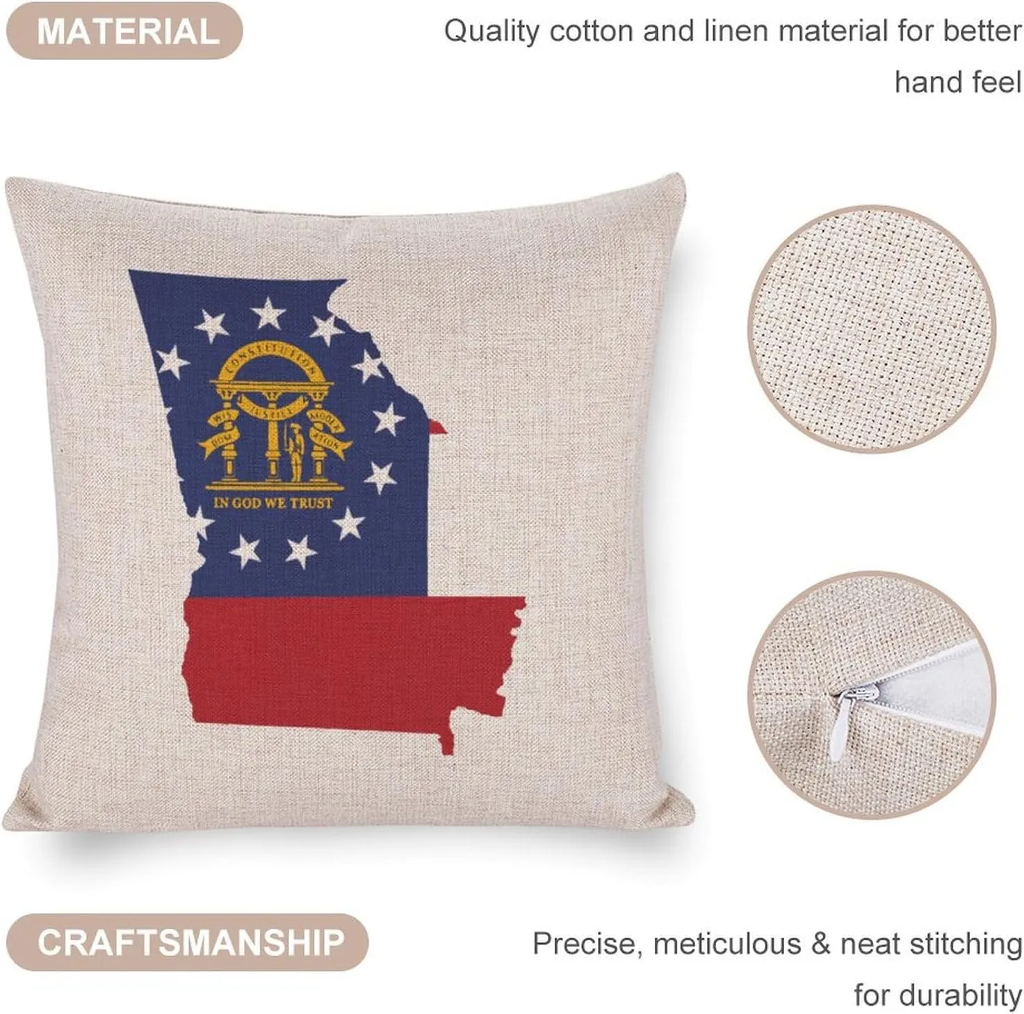 Georgia State Flag Map Cotton and Linen Pillow Case Pattern Print Pillow Cover Zippered Cushion Covers for Sofa Bed 16"x16"