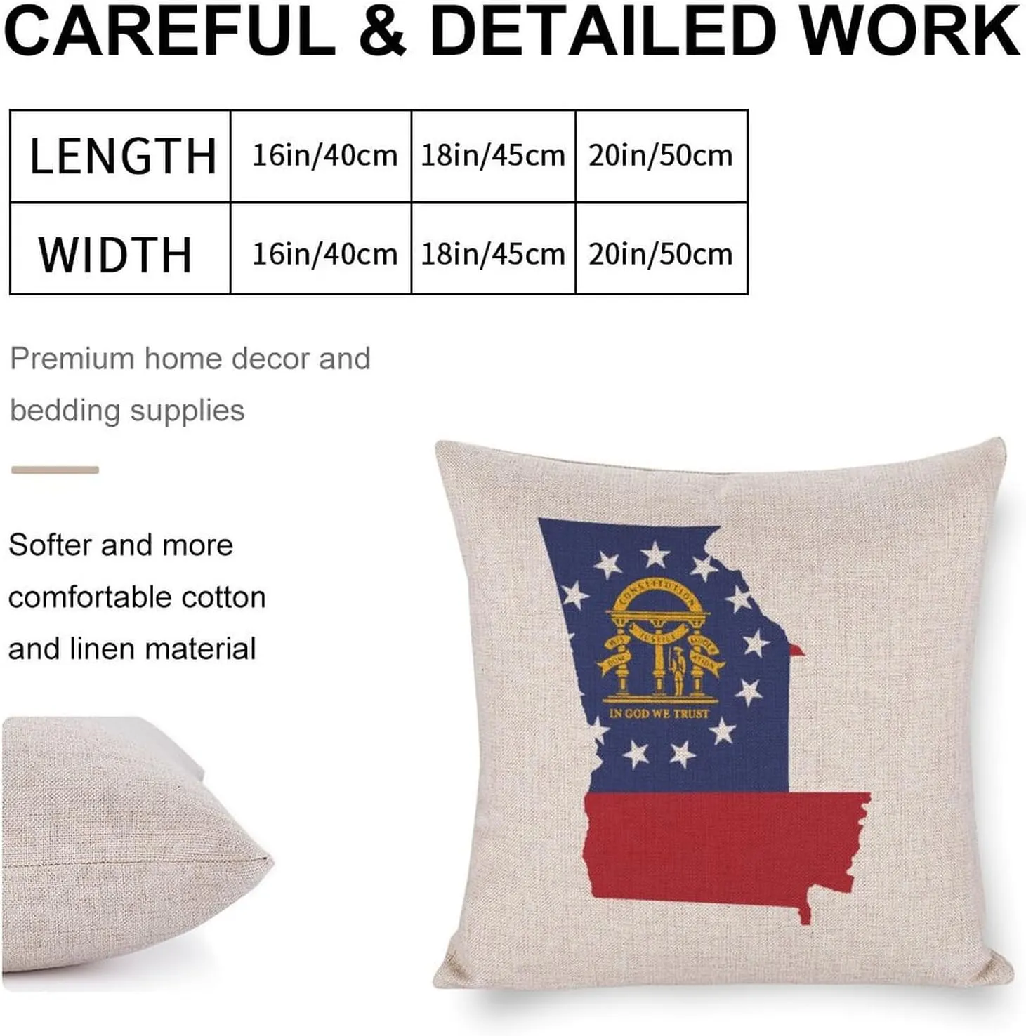 Georgia State Flag Map Cotton and Linen Pillow Case Pattern Print Pillow Cover Zippered Cushion Covers for Sofa Bed 16"x16"