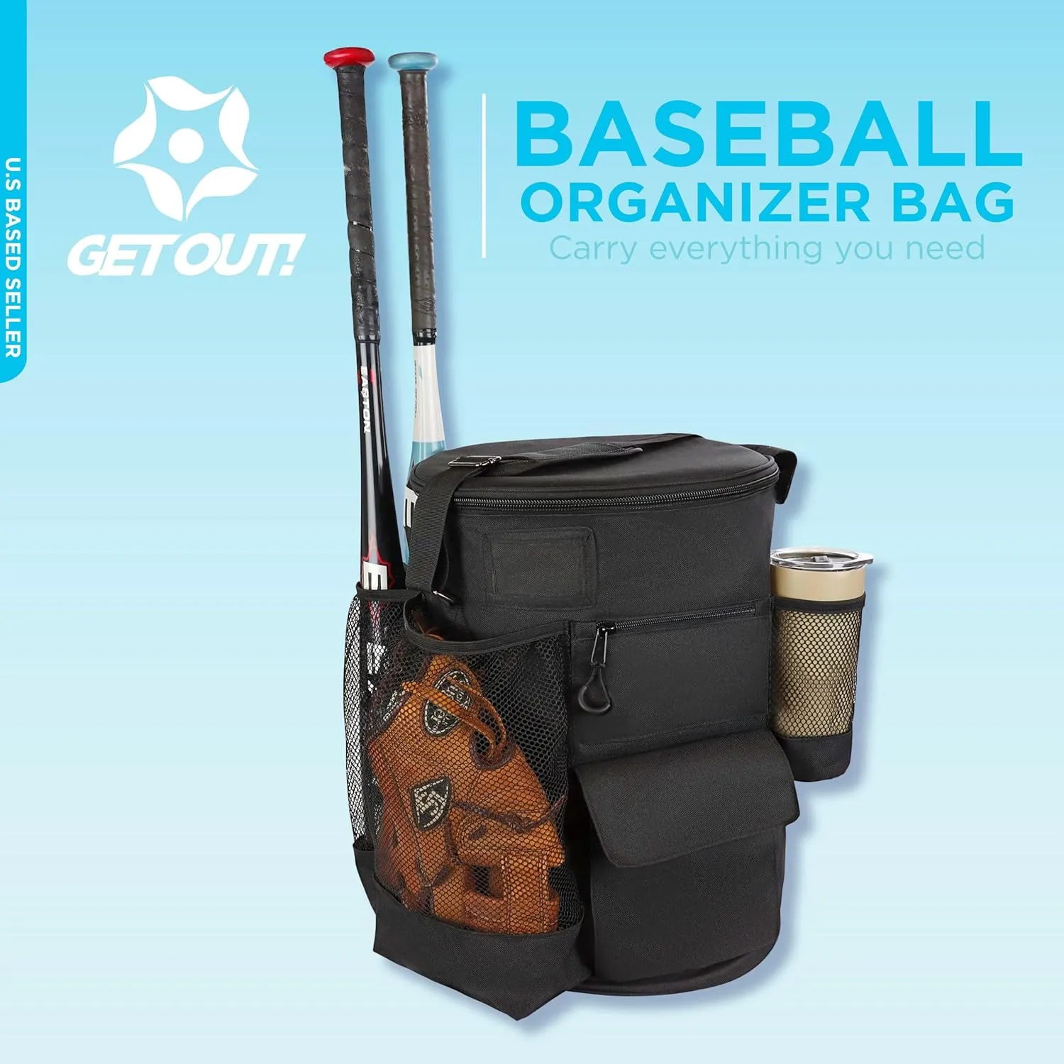 Get Out! Baseball Bucket Bag Dugout Organizer for Gloves, Bats, and More - 6 Gallon Bucket Sleeve Baseball Coaching Accessories Tee Ball and Softball Equipment Bag with Shoulder Strap
