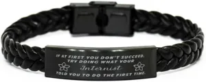 GIFTVILLE & SURPRISE Internist Braided Leather Bracelet, If at first you don't succeed, try doing what your athletic trainer told you to do the first time., Laser Engraved, Stainless Steel Wristband