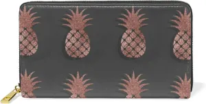 Gold Glittering Rose Pineapple Glossy Exotic Fruit on Dark Brown Leather Long Wallet Organizer with Zipper Purse Clutch Bag for Women Men Key Card Coin Passport Checkbook