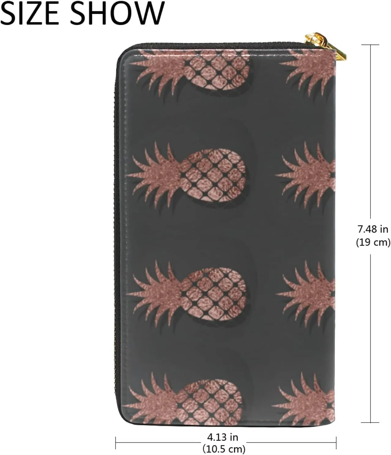 Gold Glittering Rose Pineapple Glossy Exotic Fruit on Dark Brown Leather Long Wallet Organizer with Zipper Purse Clutch Bag for Women Men Key Card Coin Passport Checkbook