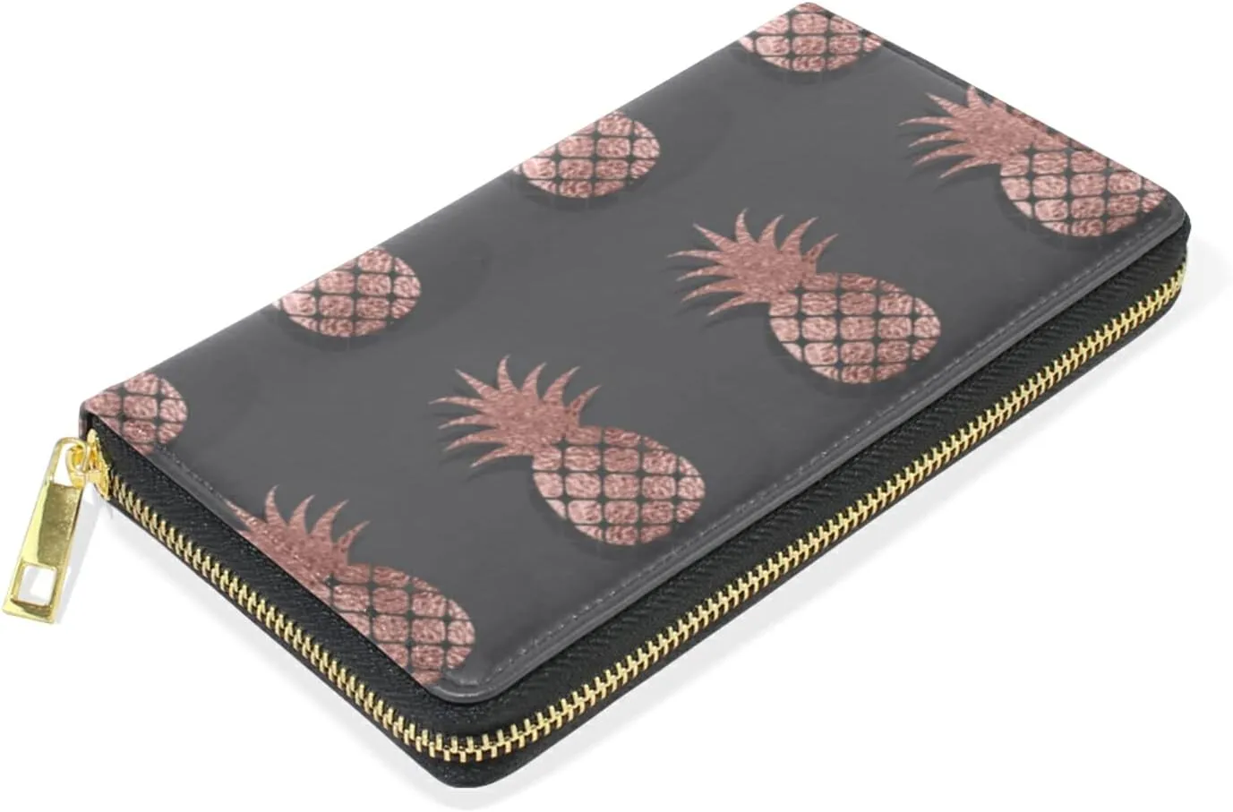 Gold Glittering Rose Pineapple Glossy Exotic Fruit on Dark Brown Leather Long Wallet Organizer with Zipper Purse Clutch Bag for Women Men Key Card Coin Passport Checkbook