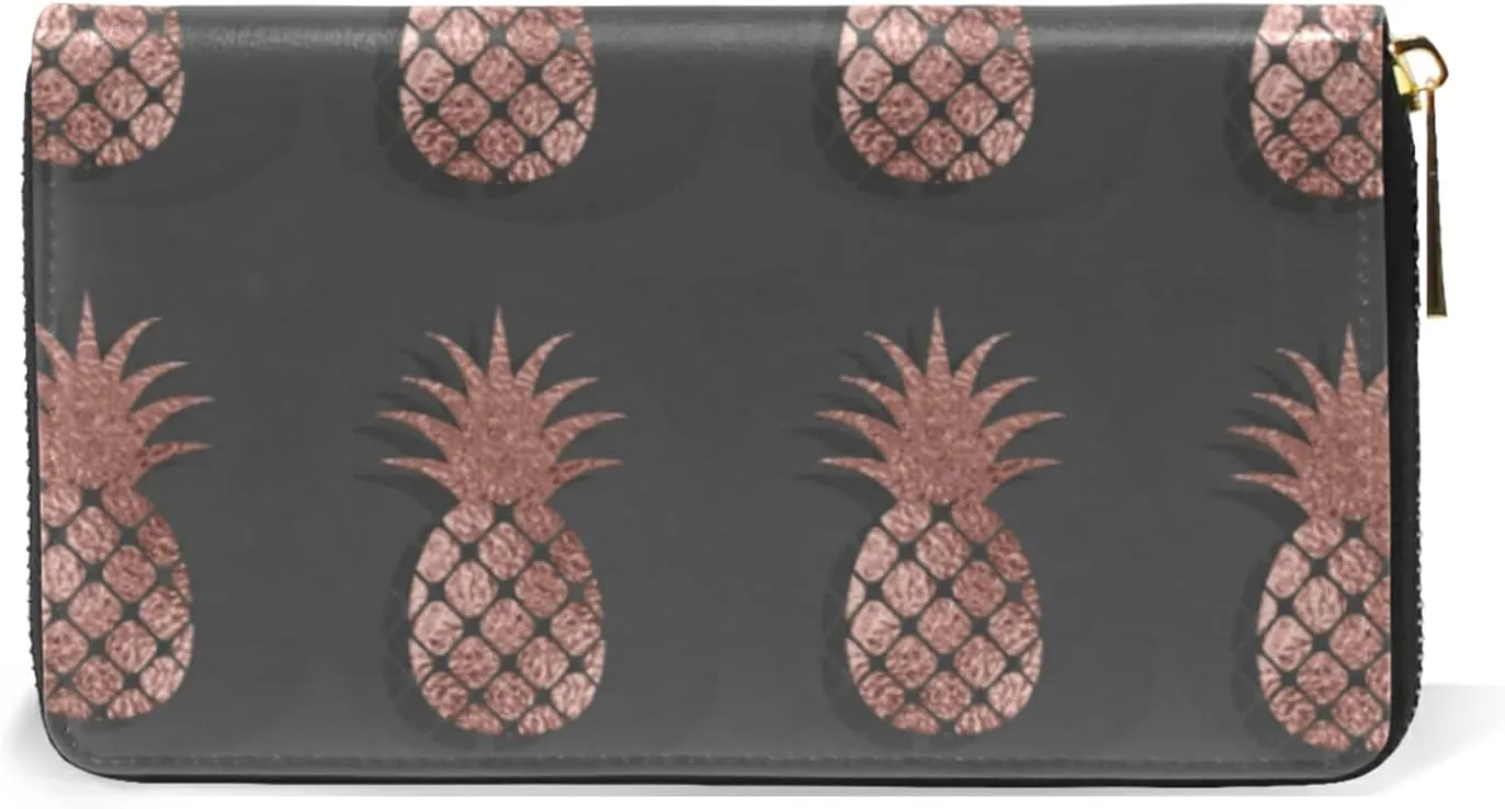 Gold Glittering Rose Pineapple Glossy Exotic Fruit on Dark Brown Leather Long Wallet Organizer with Zipper Purse Clutch Bag for Women Men Key Card Coin Passport Checkbook