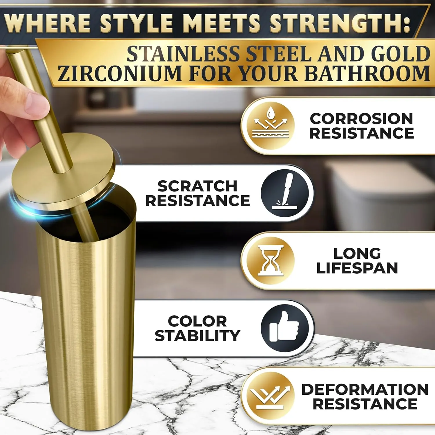 Gold Toilet Brush and Holder Set - Brushed Stainless Steel Gold Toilet Bowl Brush and Holder with Replacable Head, Removable Inner Bowl, and Splash Protection - Dense Bristles for Through Cleaning