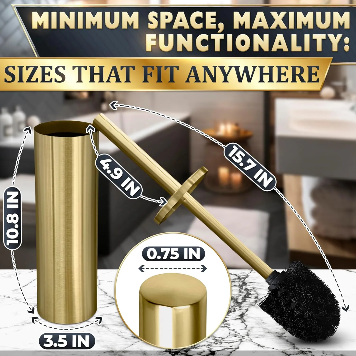 Gold Toilet Brush and Holder Set - Brushed Stainless Steel Gold Toilet Bowl Brush and Holder with Replacable Head, Removable Inner Bowl, and Splash Protection - Dense Bristles for Through Cleaning