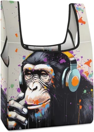 Gorilla Monkey Love Music Novelty Reusable Grocery Bag Fold-able Shopping Bags Washable Tote Lightweight Storage Pouch with Handle