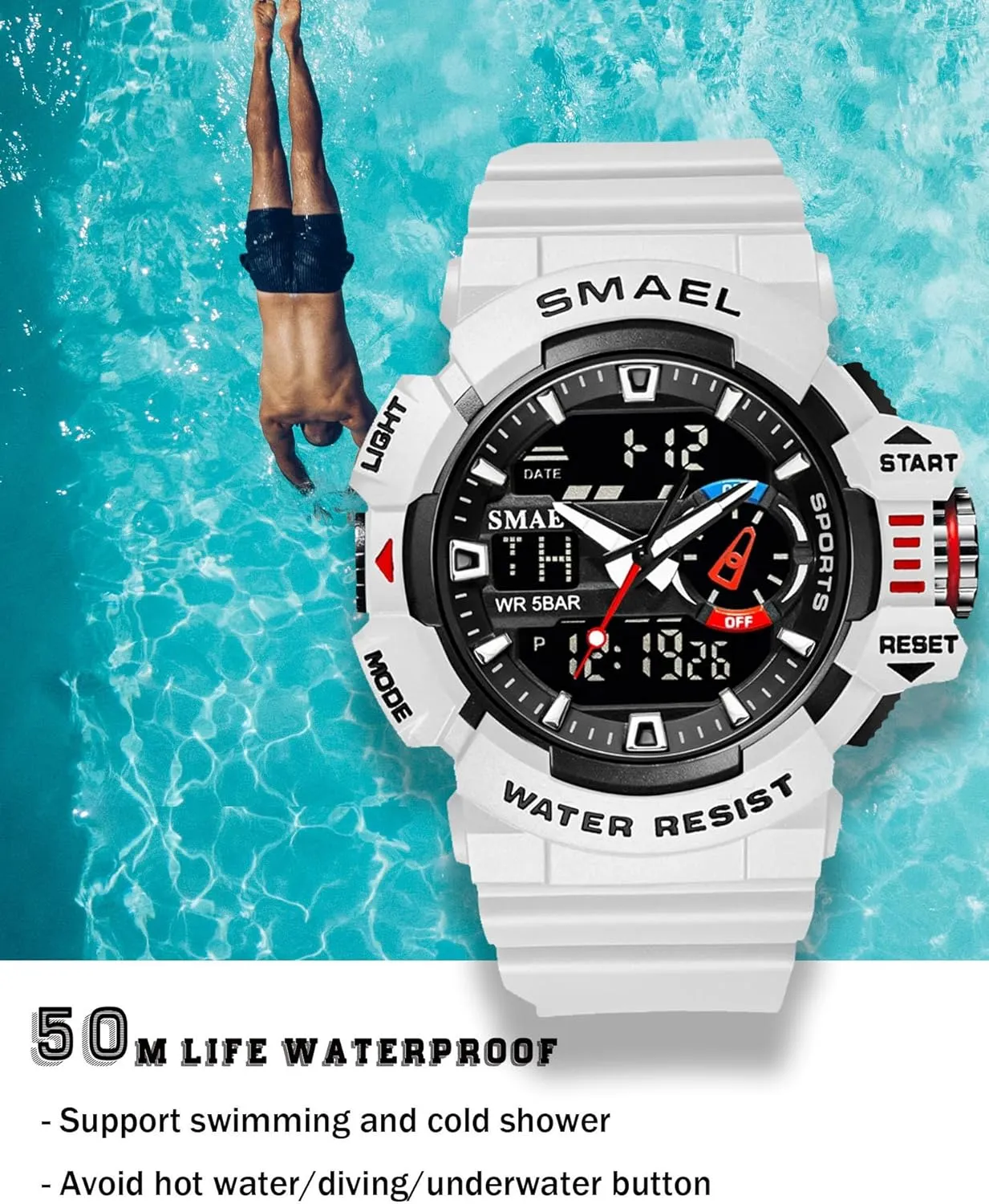 Gosasa Men's Large Face Outdoor Sports Watches Military S-Shock Watch Waterproof, Backlight, Alarm, Stopwatch Features - Rugged Wristwatch for Training, Hiking, and Adventure