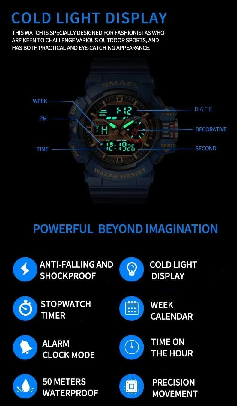 Gosasa Men's Large Face Outdoor Sports Watches Military S-Shock Watch Waterproof, Backlight, Alarm, Stopwatch Features - Rugged Wristwatch for Training, Hiking, and Adventure