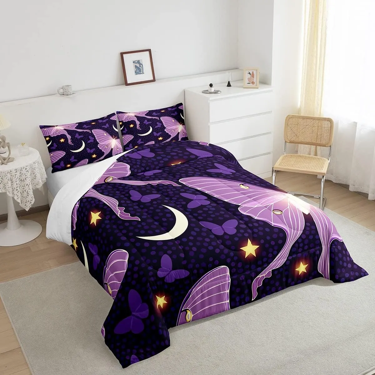 Gothic Moth Comforter Set, Purple Death Moth Butterfly Bedding Set for Girls Women Teens, Stars Moon Printed Bedding Comforter Sets, Girly Fairy Dreamlike Butterflies Quilted Duvet, King Size